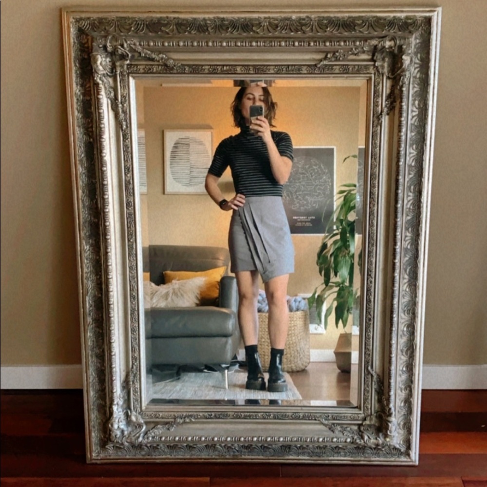 grey pencil skirt with artful ruffle detail